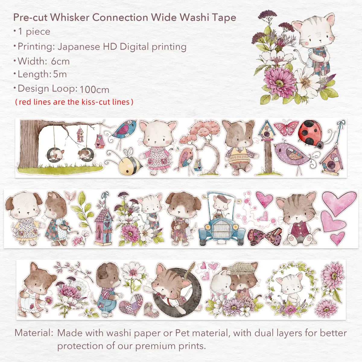 Sticker Washi Tape - Pre - cut - Whisker Connection - 60 mm - 8 - Washi Tape Shop - Tidformera