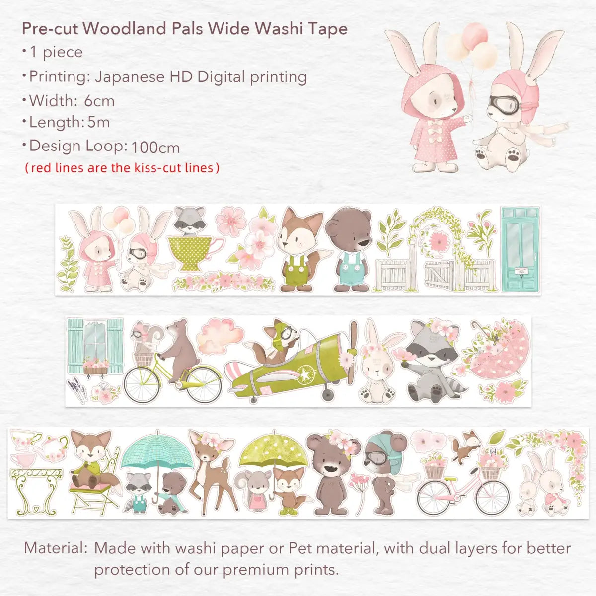 Sticker Washi Tape - Pre - cut - Woodland Pals - 60 mm - 8 - Washi Tape Shop - Tidformera