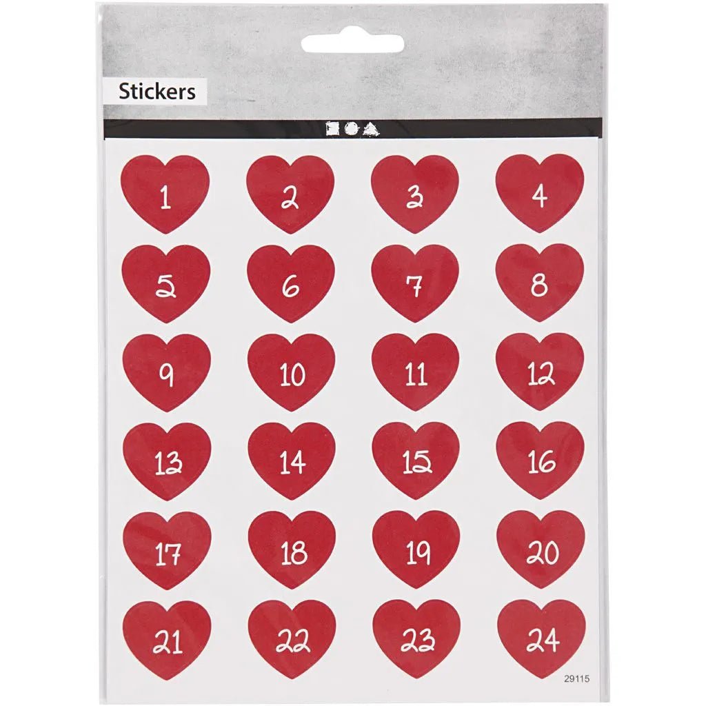 Förpackning med klistermärken. Röda hjärtan med siffrorna 1-24 på. Stickers Creotime Jul - Advent numbers - Hjärtan från Creotime - Tidformera