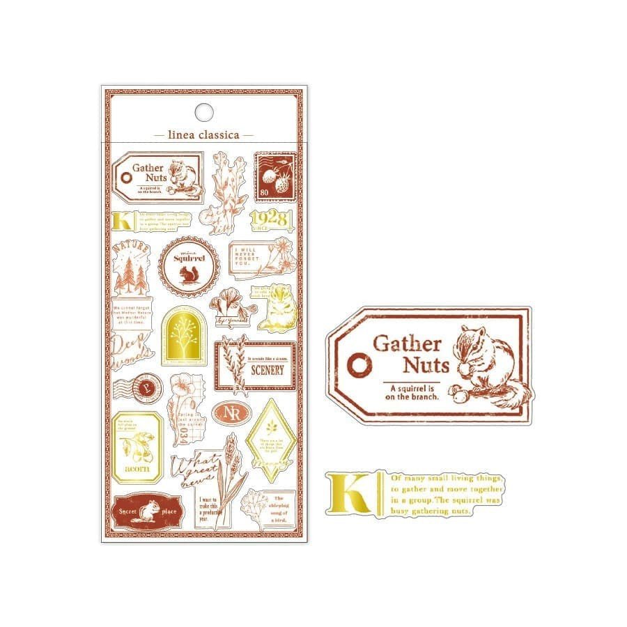 Stickers Linea Classica - Squirrel från Mind Wave. Ark med klistermärken där motiv är i rött och guld. Motiv med ekorrar, växter och text. - Tidformera