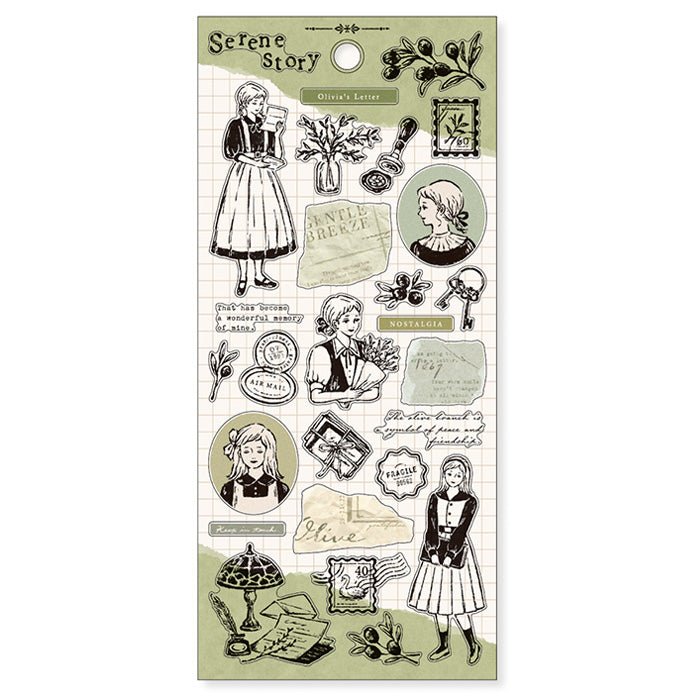 Stickers - Serene Story - Olivia's correspondence från Mind Wave. Ett ark med klistermärken med en flicka, brev och blommor. - Tidformera