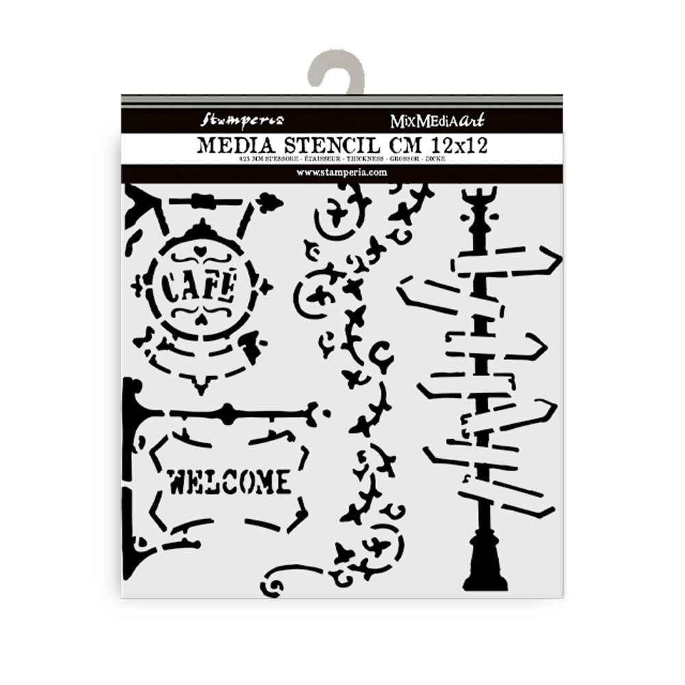 Thick Stencil 12 x 12 cm - Art of Travelling - Street Lamp and Sign - 2 - Stamperia - Tidformera
