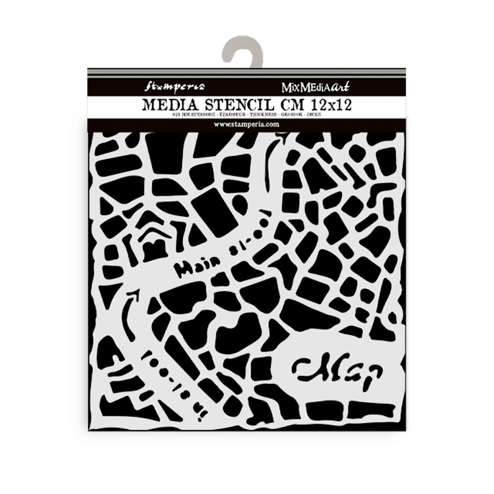 Thick Stencil 12 x 12 cm - Art of Travelling - Street Map - 2 - Stamperia - Tidformera