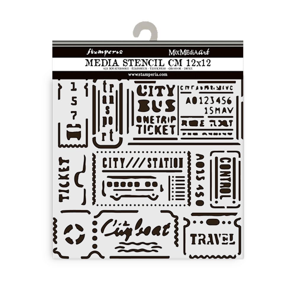 Thick Stencil 12 x 12 cm - Art of Travelling - Tickets - 2 - Stamperia - Tidformera
