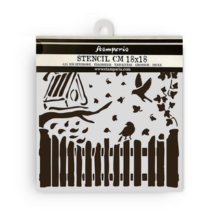 Thick Stencil 18 x 18 cm - House of Roses - Fence and Birds - 1 - Stamperia - Tidformera