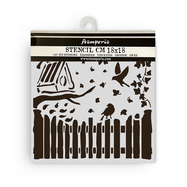 Thick Stencil 18 x 18 cm - House of Roses - Fence and Birds - 1 - Stamperia - Tidformera