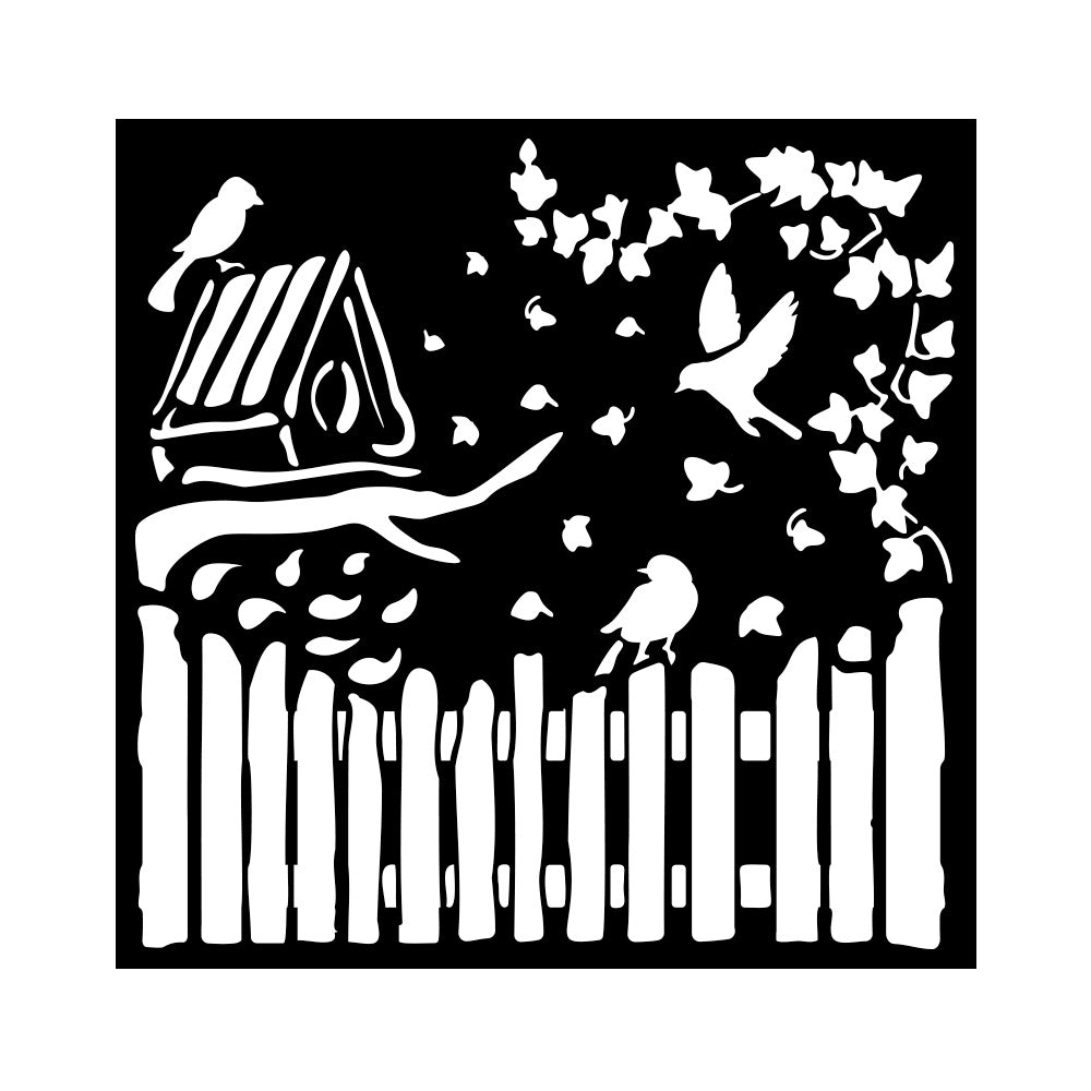 Thick Stencil 18 x 18 cm - House of Roses - Fence and Birds - 2 - Stamperia - Tidformera