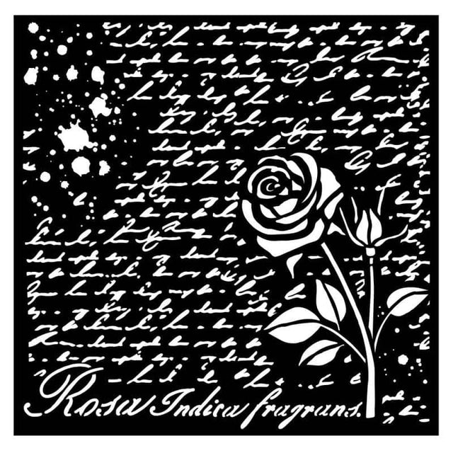 Thick Stencil 18 x 18 cm - Rose Parfum - Manuscript with Rose - 1 - Stamperia - Tidformera