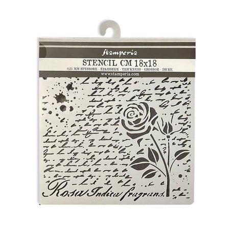 Thick Stencil 18 x 18 cm - Rose Parfum - Manuscript with Rose - 2 - Stamperia - Tidformera
