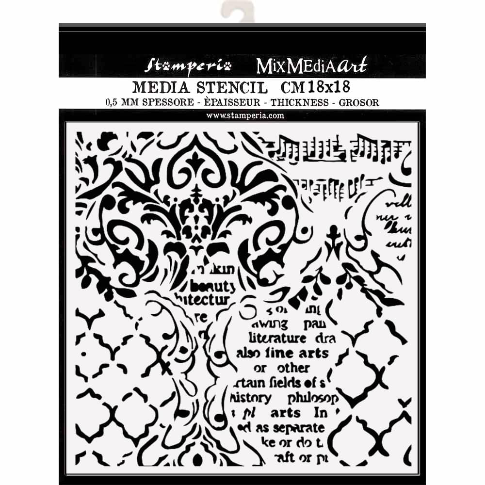 Thick Stencil 18 x 18 cm - Wallpaper music and writings - 2 - Stamperia - Tidformera