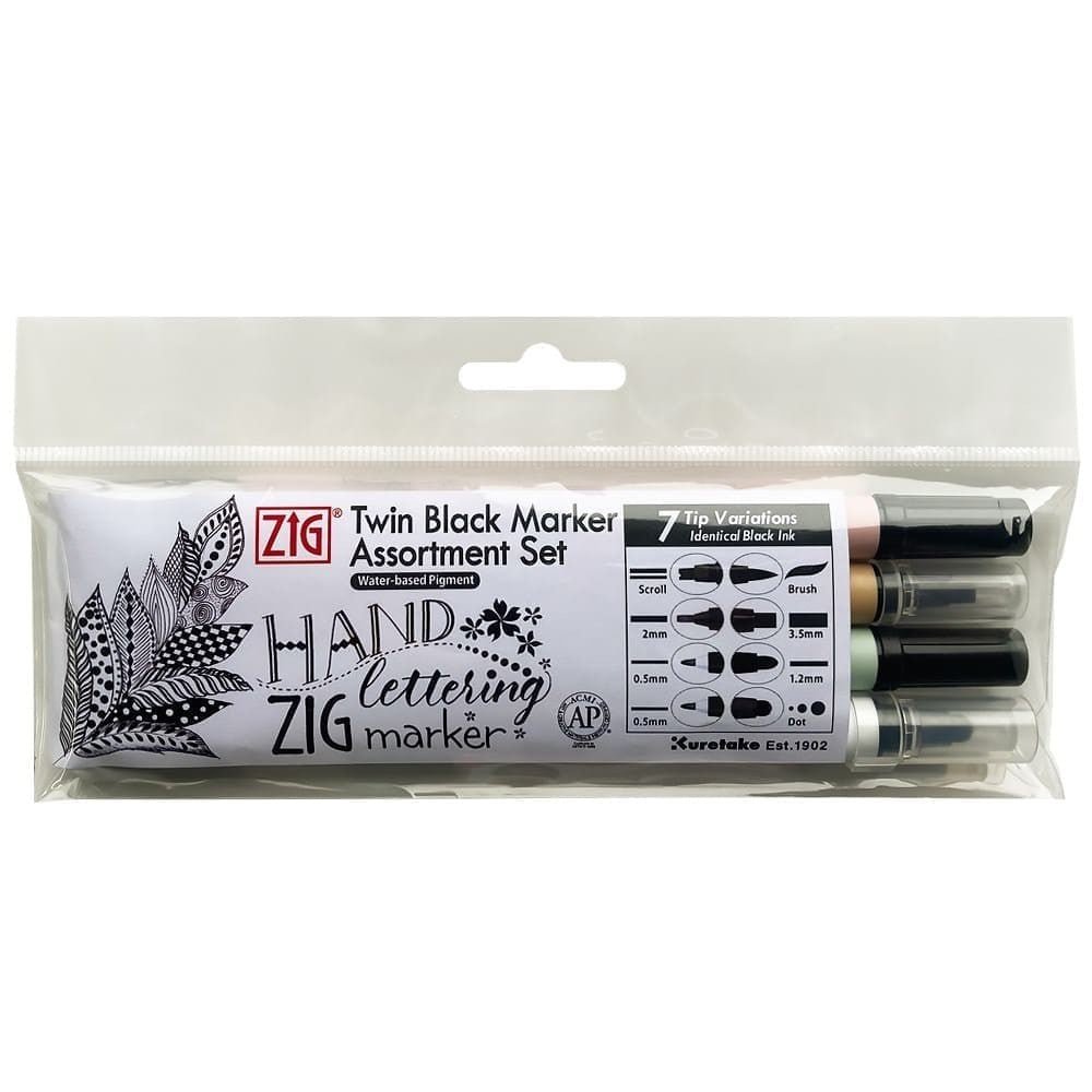 Twin Tip Black marker Assortment set 4 - pack - 5 - ZIG Kuretake - Tidformera