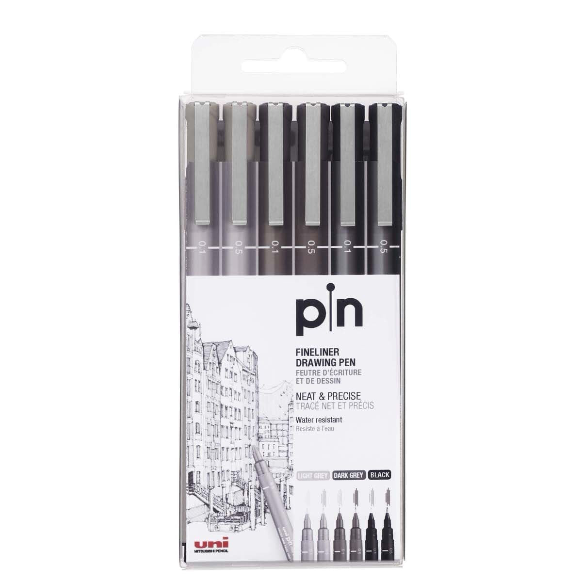 Uni Pin Fineliner 6-pack Ljusgrå, mörkgrå och svart - Uni Mitsubishi Pencil - Tidformera