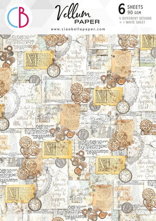 Vellum Paper A4 - Wizard Academy - 6-pack från Ciao Bella. Framsidan av en förpackning med vellumpapper. Äldre brevmotiv och kugghjul.  - Tidformera