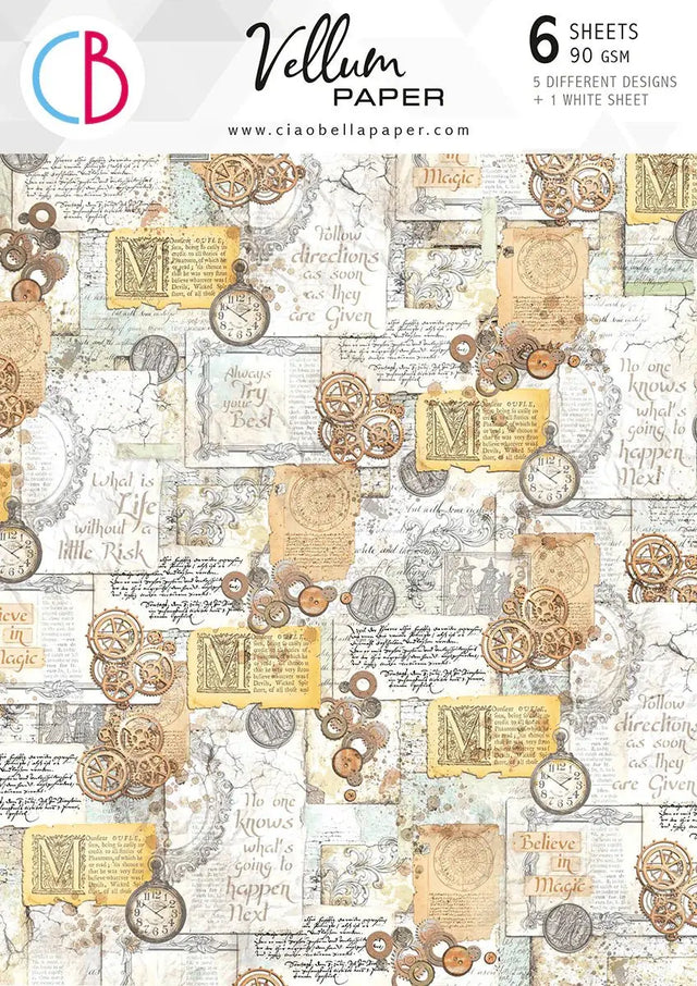 Vellum Paper A4 - Wizard Academy - 6-pack från Ciao Bella. Framsidan av en förpackning med vellumpapper. Äldre brevmotiv och kugghjul.  - Tidformera