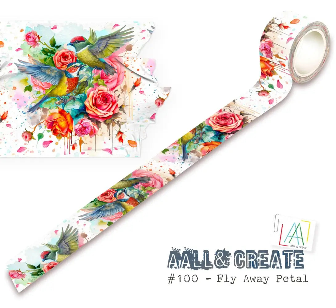 Washi tape #100 Autour de Mwa - Fly Away Petal -Färgglad dekorationstejp med blommor och fåglar. Från Aall & Create - Tidformera