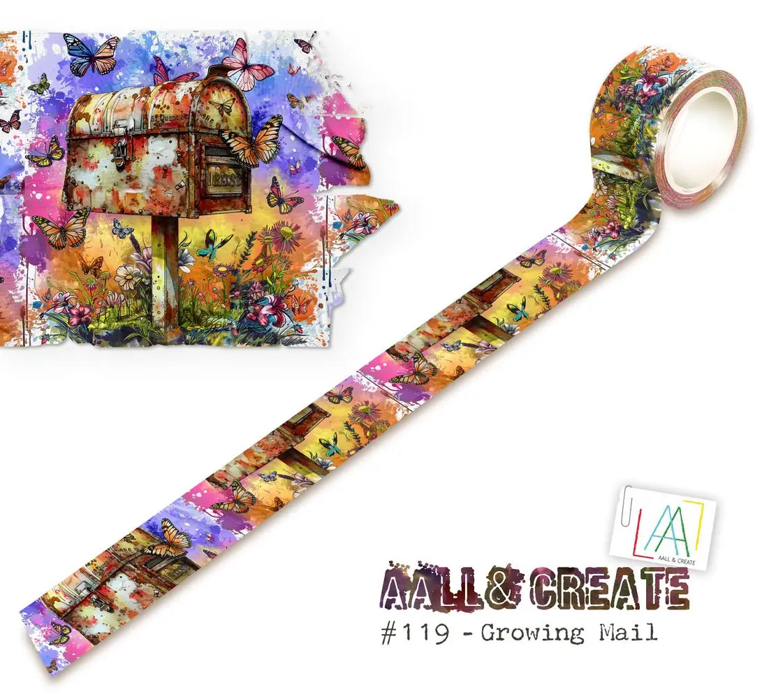 Washi tape #119 Autour de Mwa - Growing Mail - Dekorationstejp med fjärilar. Flera lager med tejp bygger ihop en bild på en gammal brevlåda -Aall & Create - Tidformera