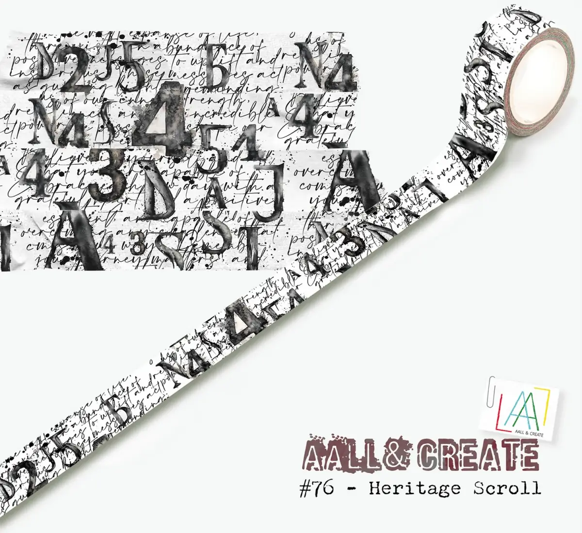 Washi tape #76 Bipasha BK - Heritage Scroll - Vit dekorationstejp med siffror och skrift i svart - Aall & Create - Tidformera