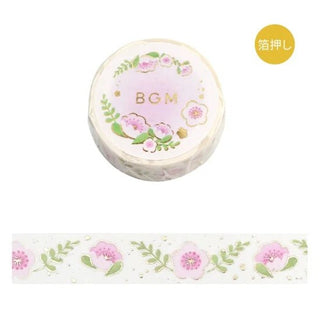 Ljus dekorationstejp med ljusrosa blommor och gröna blad. Washi Tape Life Serie - Lovely flower från BGM - Tidformera
