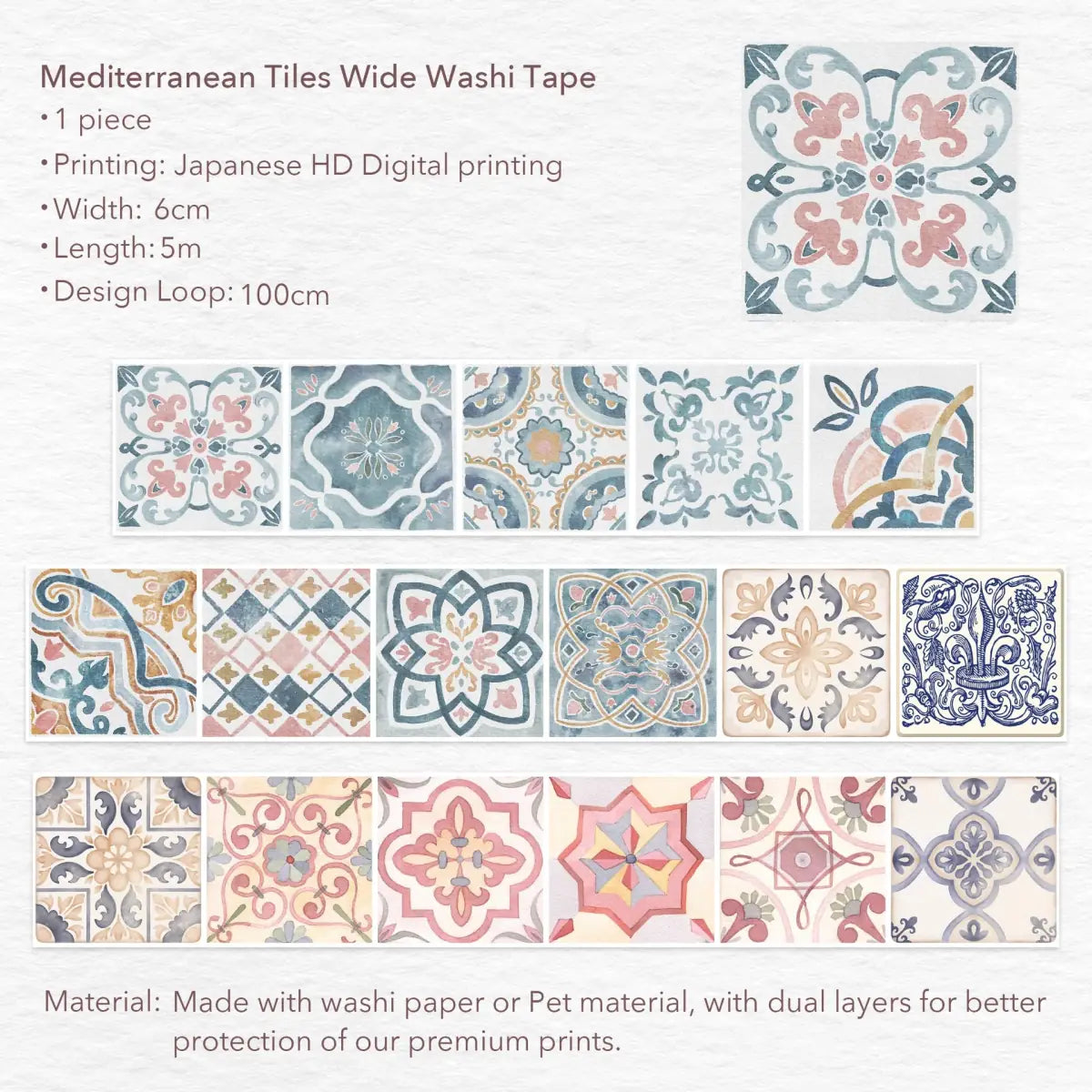 Washi tape Mediterranean Tiles - 60 mm - 10 - Washi Tape Shop - Tidformera