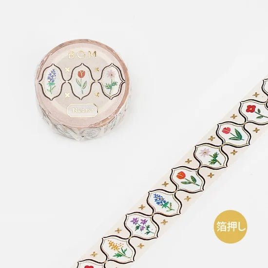 Ljus dekorationstejp med blommor i små ramar. Vintagestil. Washi Tape Retro - Light från BGM - Tidformera