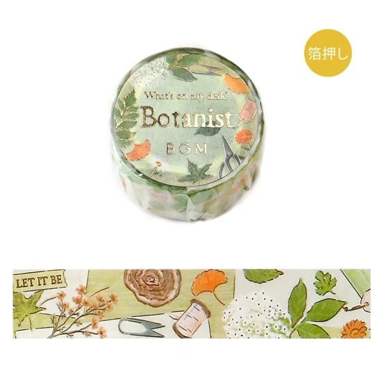 Washi Tape TSUKUE - Botanist  från BGM. Dekorationstejp i förpackning och utrullat. Grön tejp med växter på. Tidformera