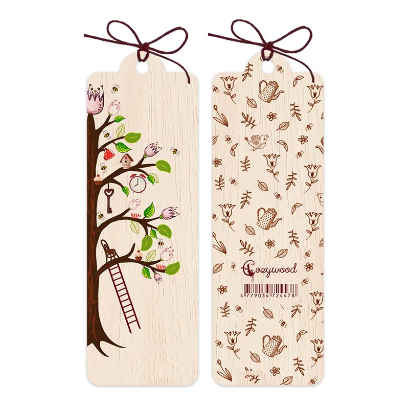 Fram- och baksidan av bokmäre i trä. Motivet heter livets träd. Wooden bookmark - Tree of Life från Cozywood - Tidformera