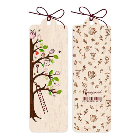 Fram- och baksidan av bokmäre i trä. Motivet heter livets träd. Wooden bookmark - Tree of Life från Cozywood - Tidformera