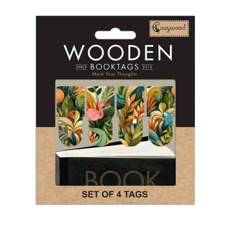 Förpackning med  smÄ bokmÀrken i trÀ. Motiv Àr djungeln. Wooden Booktags - Artdeco frÄn Cozywood - Tidformera