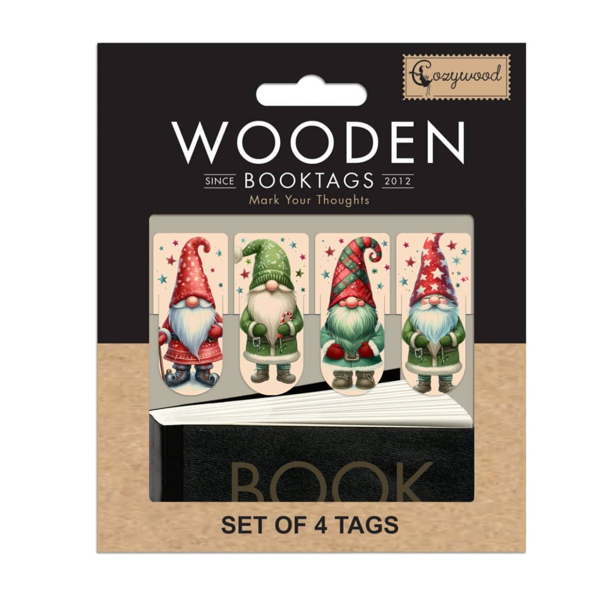 Förpackning med små bokmärke med tomtar på. Bokmärken är tillverkade av trä. Wooden Booktags - Gnomes från Cozywood - Tidformera