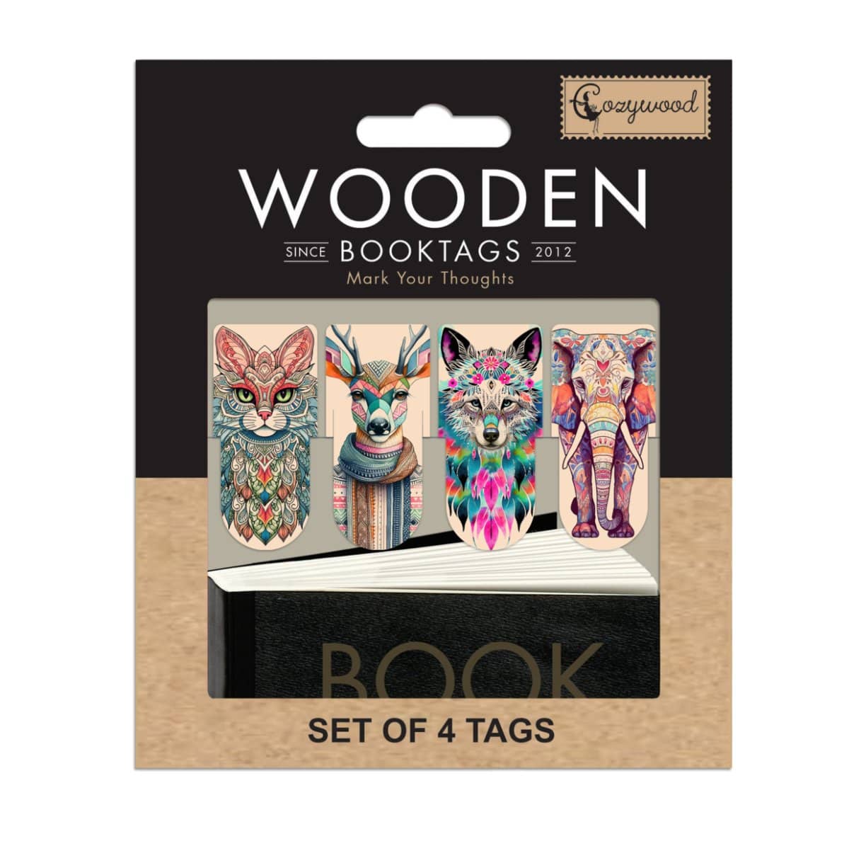 Wooden Booktags - Spirit animals från Cozywood. Förpackning med 4 stycken bokmärken med en katt, hjort, varg och en elefant. Tidformera