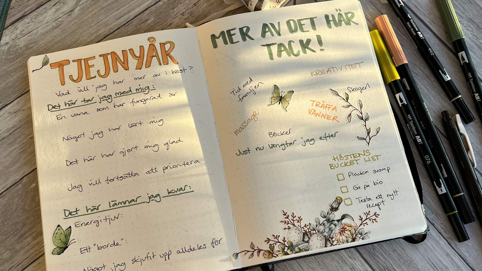 Tjejnyår i min Bullet Journal. Uppslag på tema nystart. Färgglada pennor och botanisk pre-cut washi tape