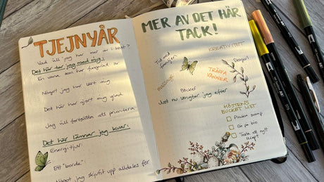 Tjejnyår i min Bullet Journal. Uppslag på tema nystart. Färgglada pennor och botanisk pre-cut washi tape