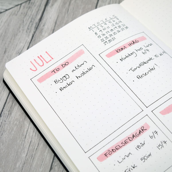 Ett uppslag i en Bullet Journal - Avdelningen Bullet Journal Startkit