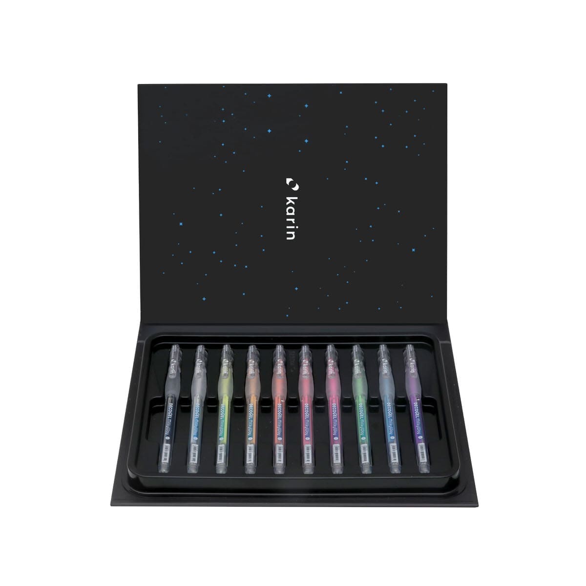 En svart förpackning med gelpennorna Decogel från Karin Markers i. I förpackning är det flera olika färger på pennorna - Tidformera