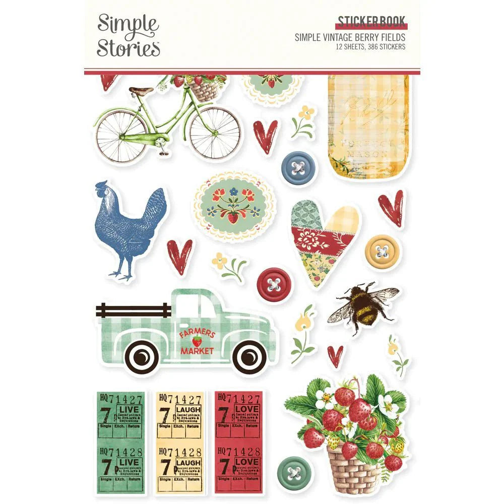 Sticker book ur serien Berry fields från Simple Stories. Temat på serien är lantligt med blommor, insekter, cykel och tupp.- Tidformera