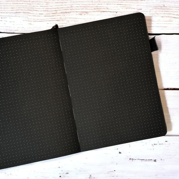 En öppen skrivbok ur serien Black out Journal från Paper24. Boken har svarta blad som är dotted. - Tidformera
