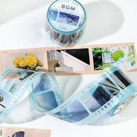 Serier - Clear tape Film BGM - Förpackningar med dekorationstejp Två är utrullade och har motiv som ser ut som kamerarulle. - Tidformera