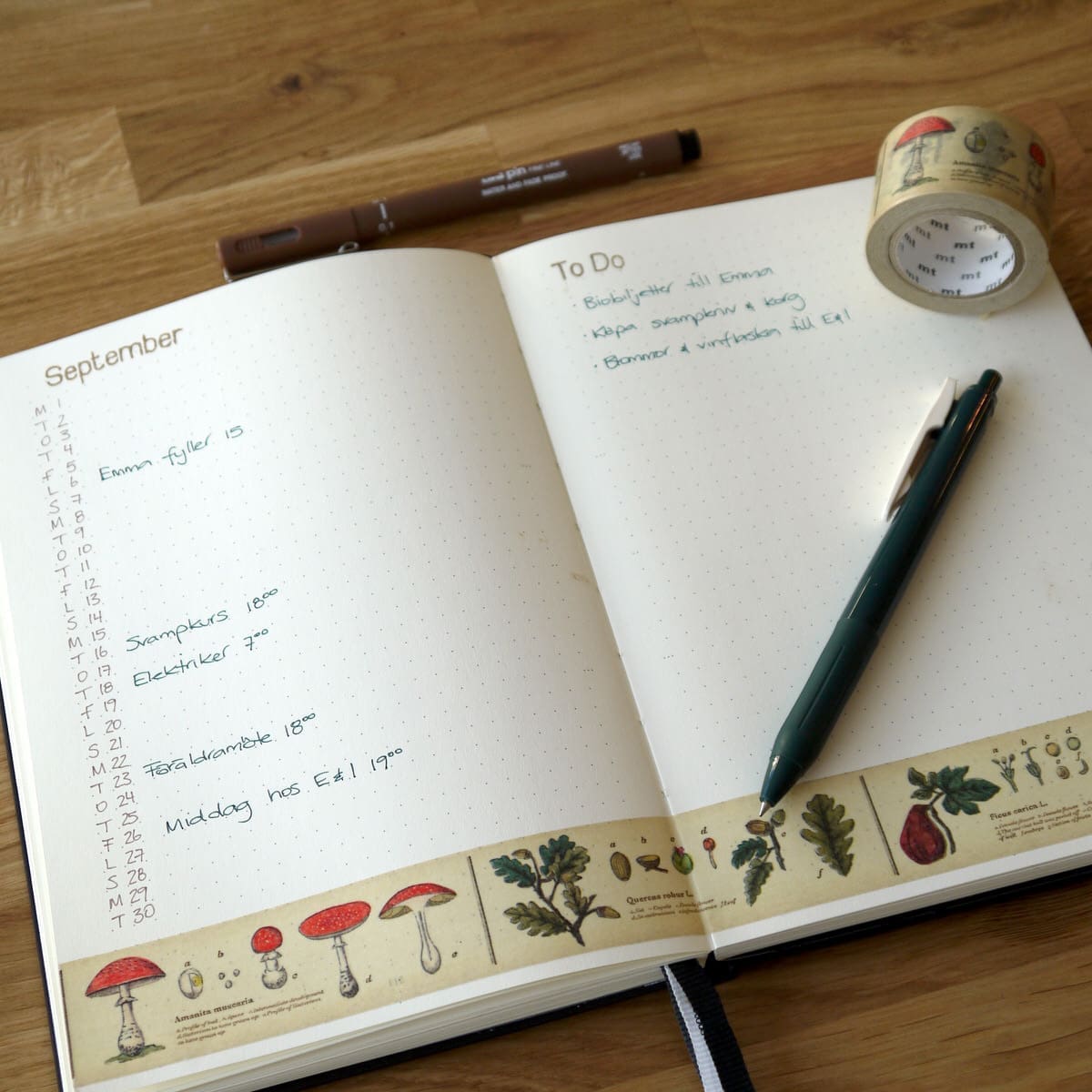 Washi tape Plant ur serien Encyclopedia från MT som är använd i en Bullet journal. Rullen ligger tillsammans med uppslagen bok och pennor. - Tidformera