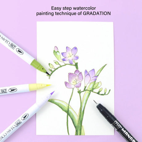 Målad blomma och pennor från set i serien Exploring watercolor från ZIG Kuretake - Tidformera
