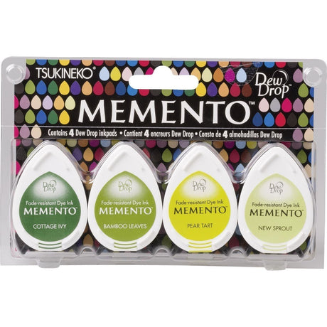 Memento Dew drop förpackning med fyra stämpeldynor som är utformade som droppar, i gula och gröna färger. - Tidformera