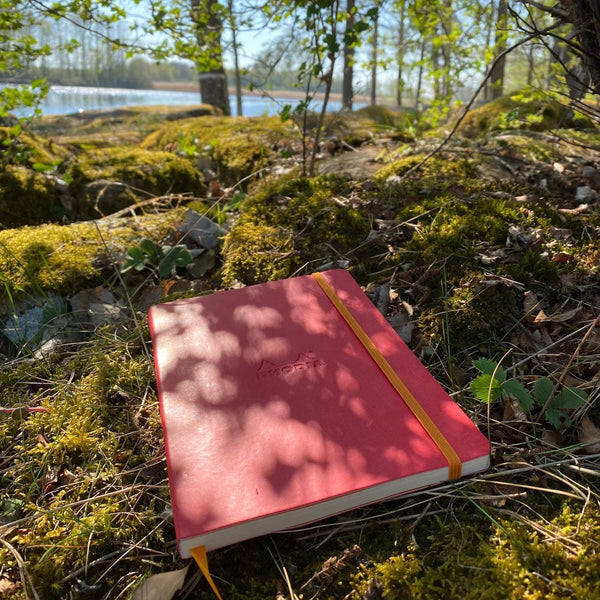 Rosa anteckningsbok i serien Rhodiarama från Rhodia ligger i mossan på en solig plats i skogen. Tidformera