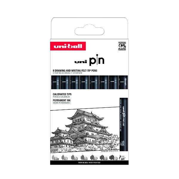 Uni Pin Fineliner 8-pack Black 0,03/0,1/0,3/0,5/0,7/0,9/1,2/BR