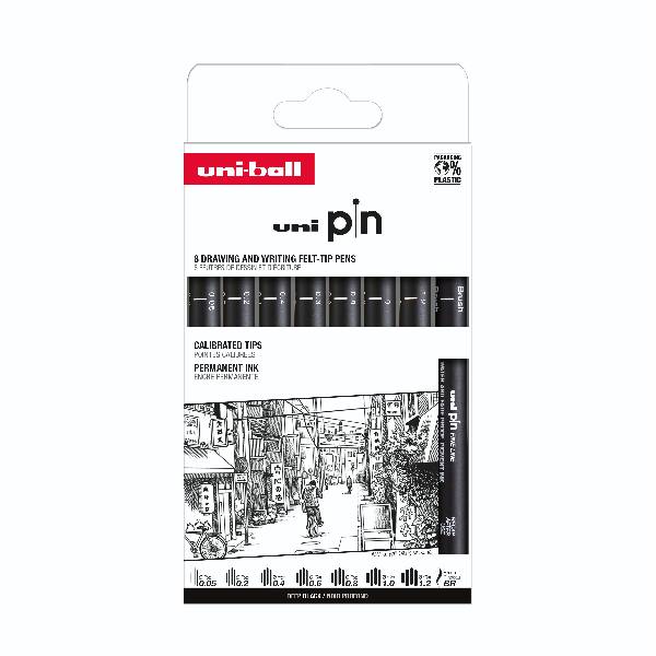 Uni Pin Fineliner 8-pack Black 0,05/0,2/0,4/0,6/0,8/1,0/1,2/BR