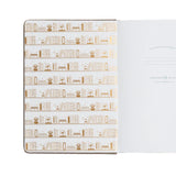 Insidan av pärmen på Bookshelf Dotted notebook från Archer & Olive. Tidformera