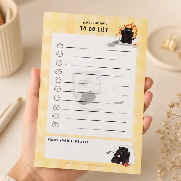 Illustrated To Do List Notepad - Mocha cat - A6
