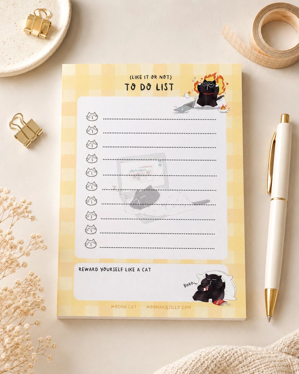 Illustrated To Do List Notepad - Mocha cat - A6