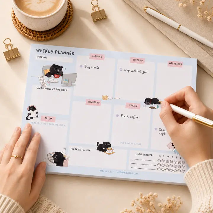 Weekly Planner Notepad - Mocha cat - A5