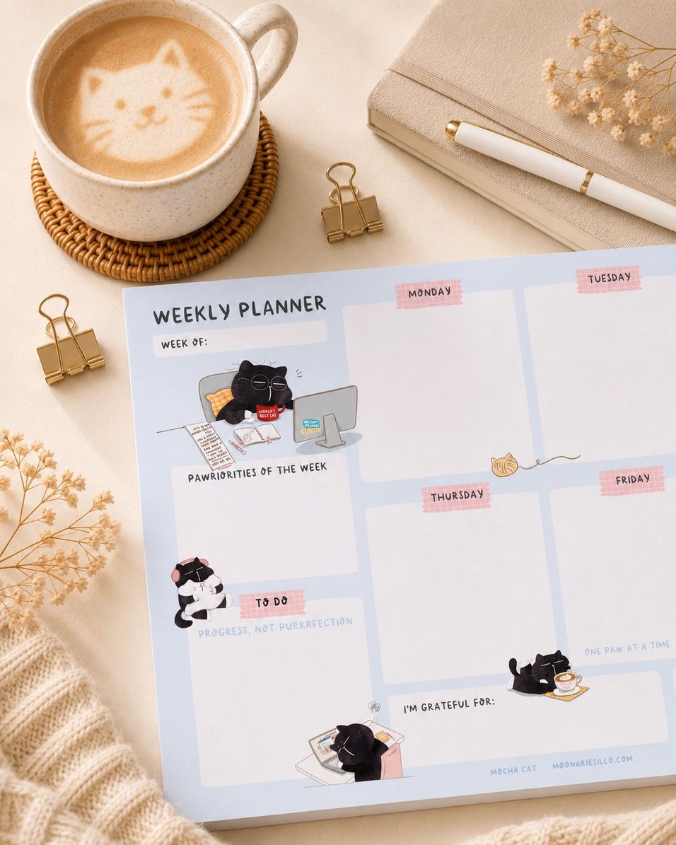 Weekly Planner Notepad - Mocha cat - A5