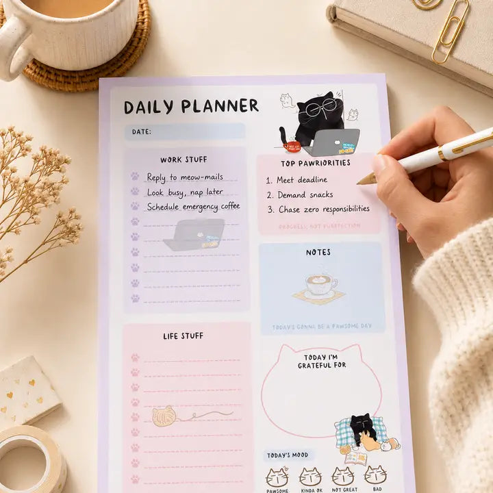 Daily Planner Notepad - Mocha cat - A5