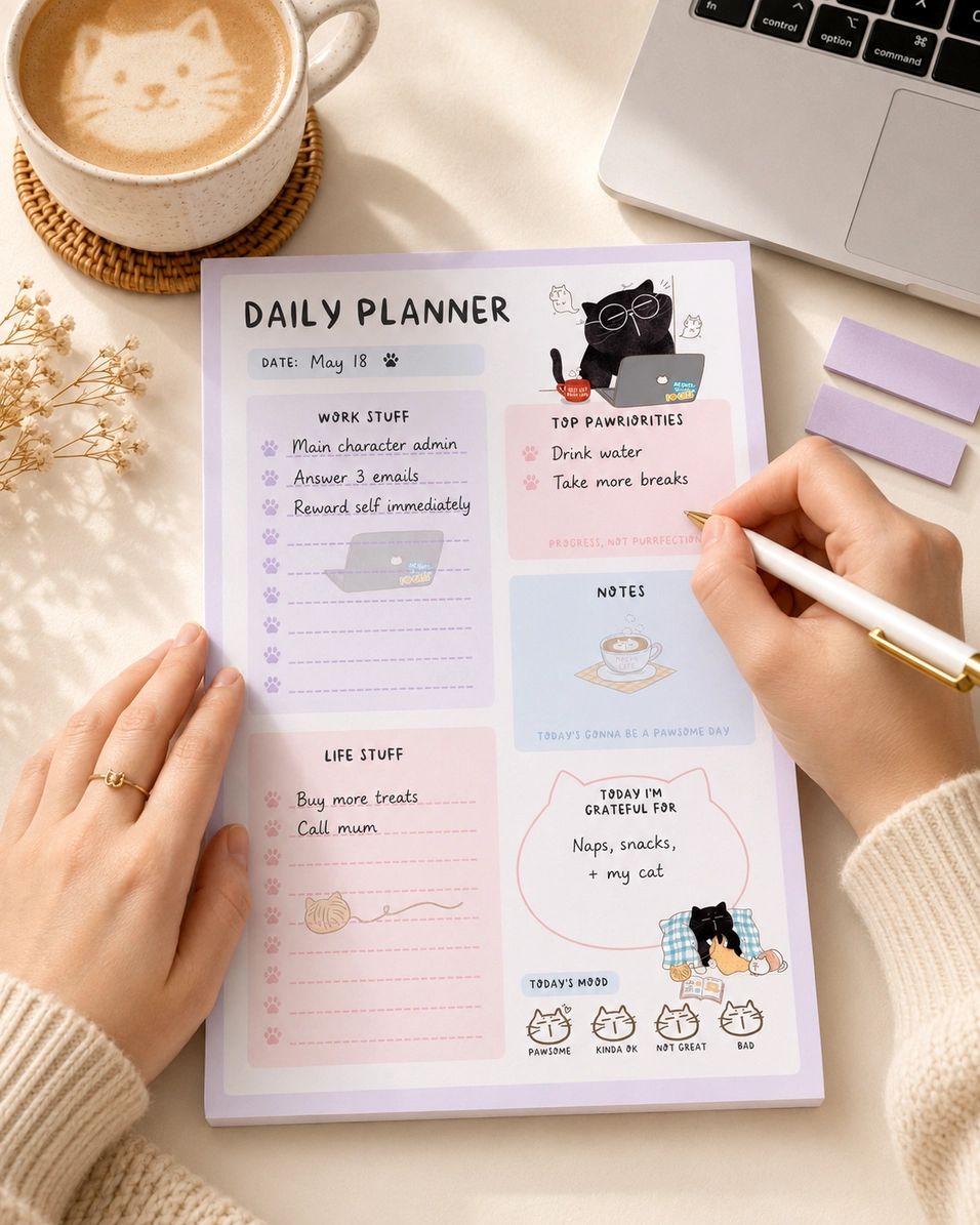 Daily Planner Notepad - Mocha cat - A5